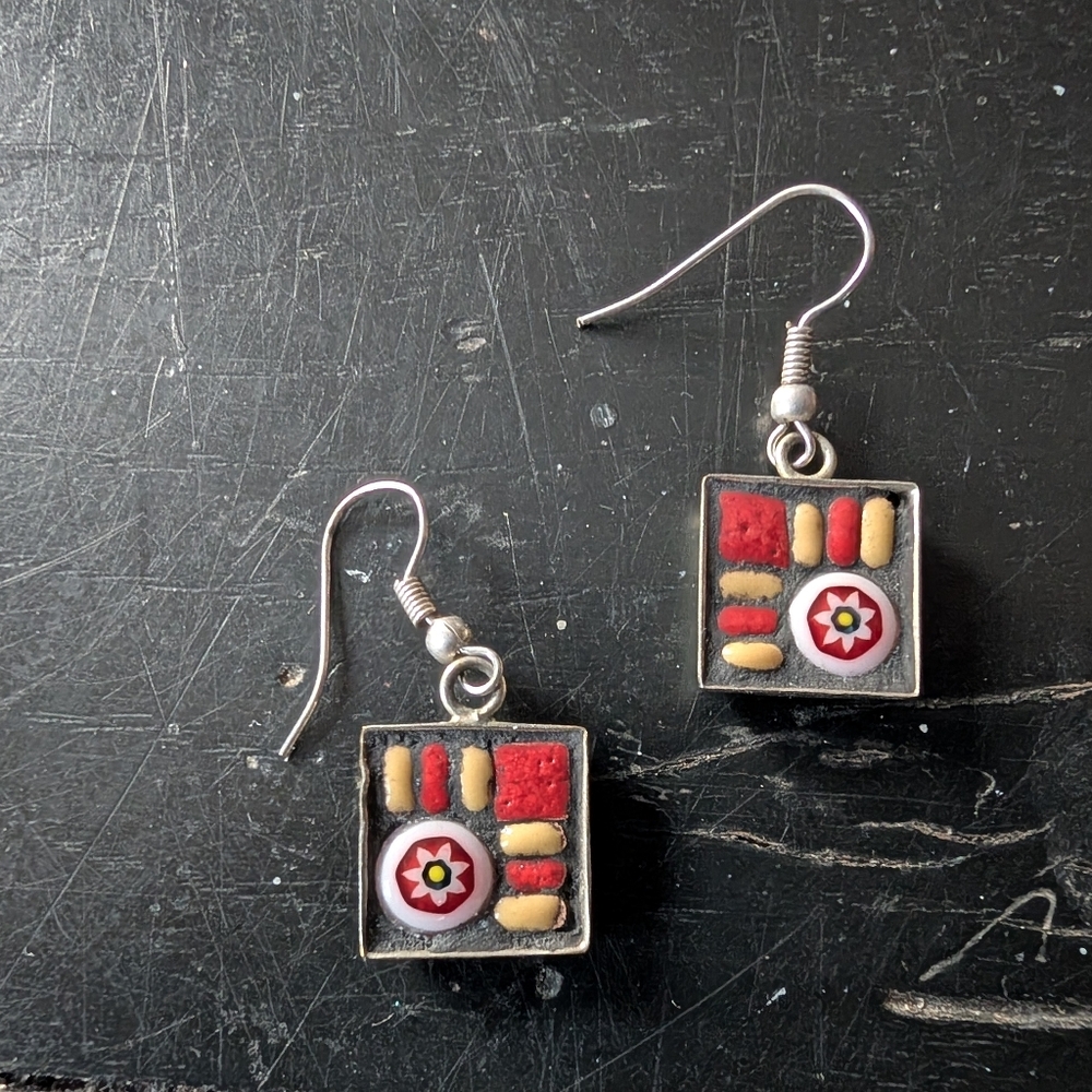 Artistic Hand-painted Mosaic Square Hook Earrings Bohemian Chic Fairycore 1.5"